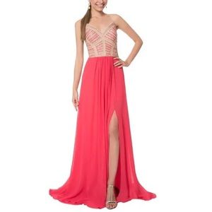 Terani Couture coral strapless chiffon long dress